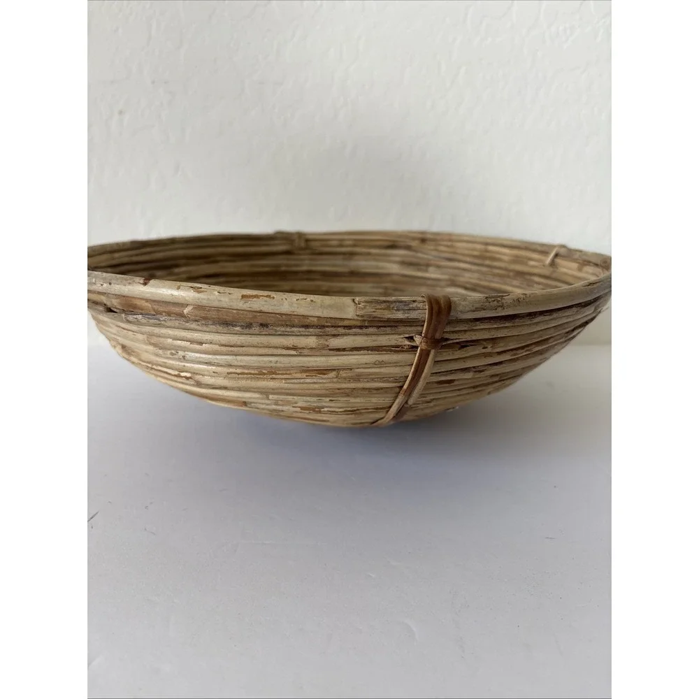 Vintage 60s MCM Pencil Reed Bamboo Rattan Bowl Basket Large